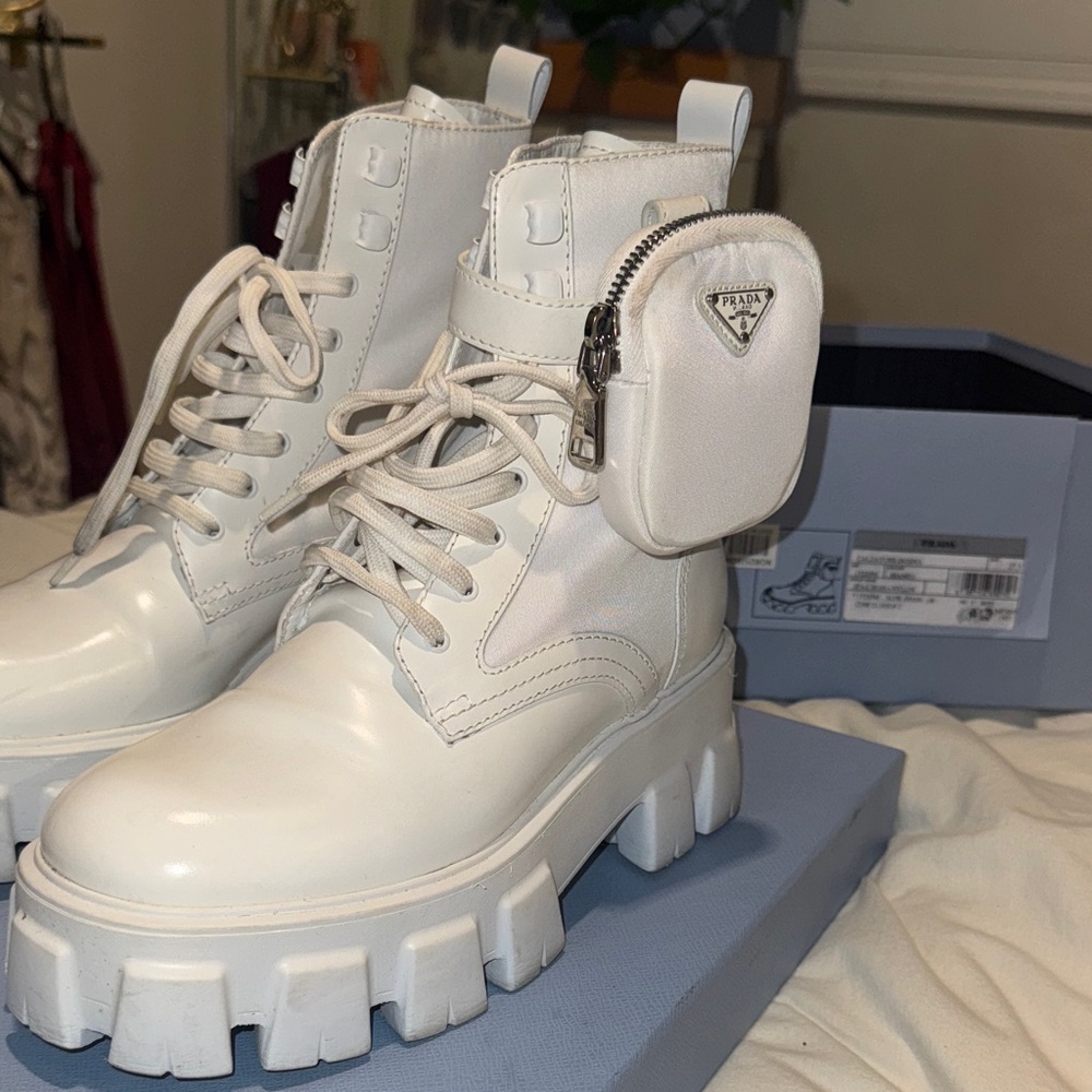 Prada Women's White Moto Boots with Pouches size 37.5 eu (6 1/2 or 7 US)